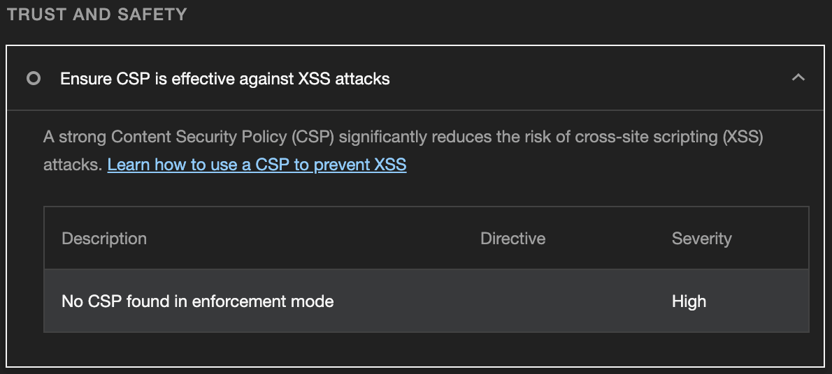 Screenshot of Lighthouse warning