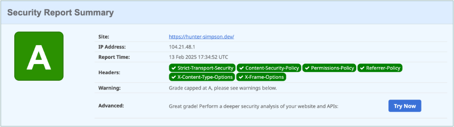 Screenshot of securityheaders.com audit results